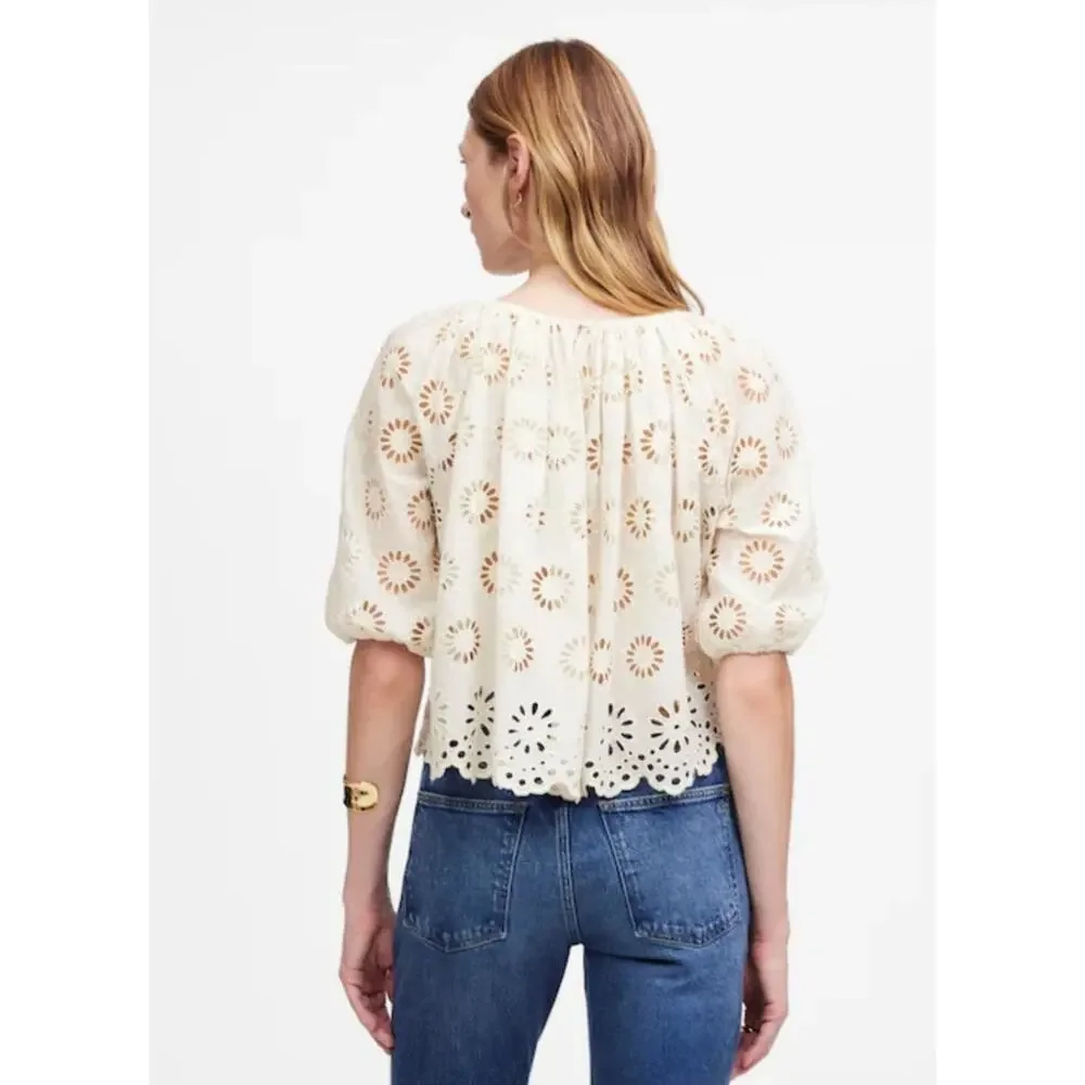 NWT Madewell Embroidered Shirred Puff-Sleeve Top White L